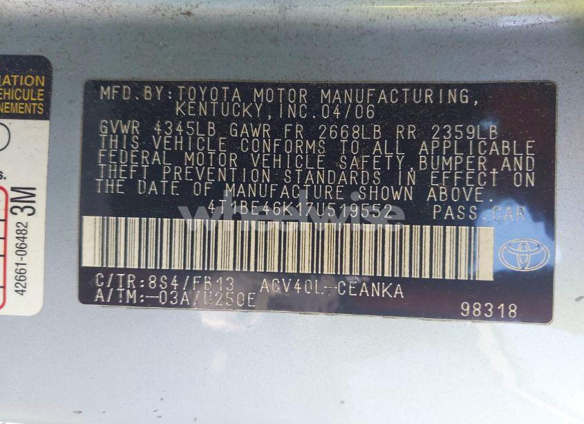 Photo 9 of 2007 Toyota Camry LE (VIN 4T1BE46K17U519552)