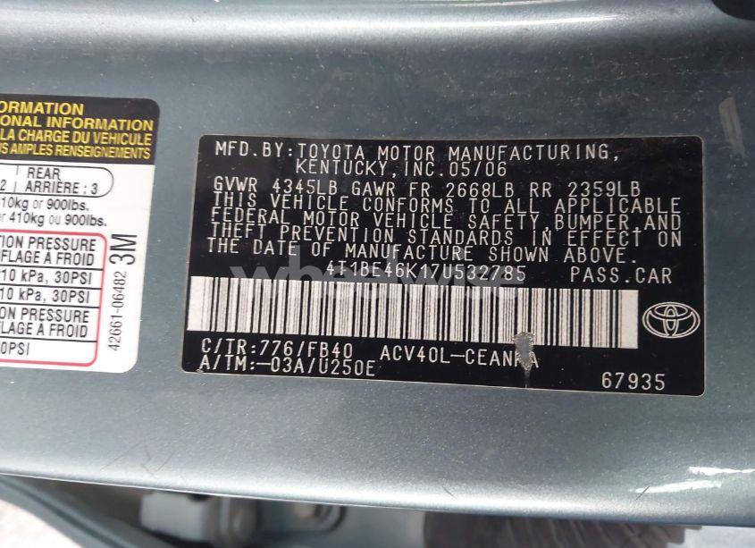 Photo 9 of 2007 Toyota Camry LE (VIN 4T1BE46K17U532785)