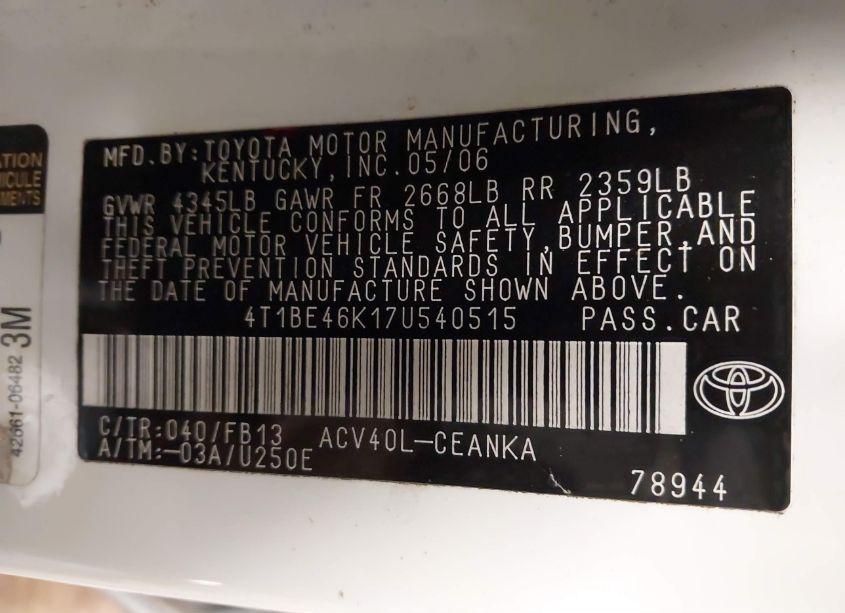 Photo 9 of 2007 Toyota Camry LE (VIN 4T1BE46K17U540515)