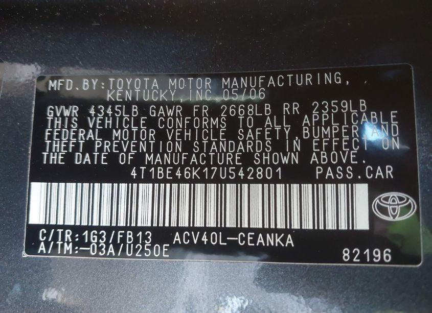 Photo 9 of 2007 Toyota Camry LE (VIN 4T1BE46K17U542801)