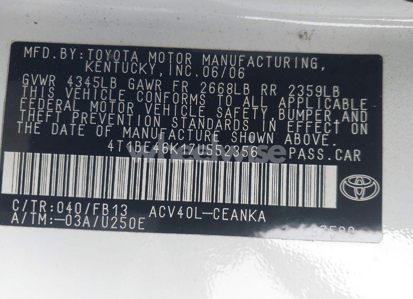 Photo 9 of 2007 Toyota Camry LE (VIN 4T1BE46K17U552356)