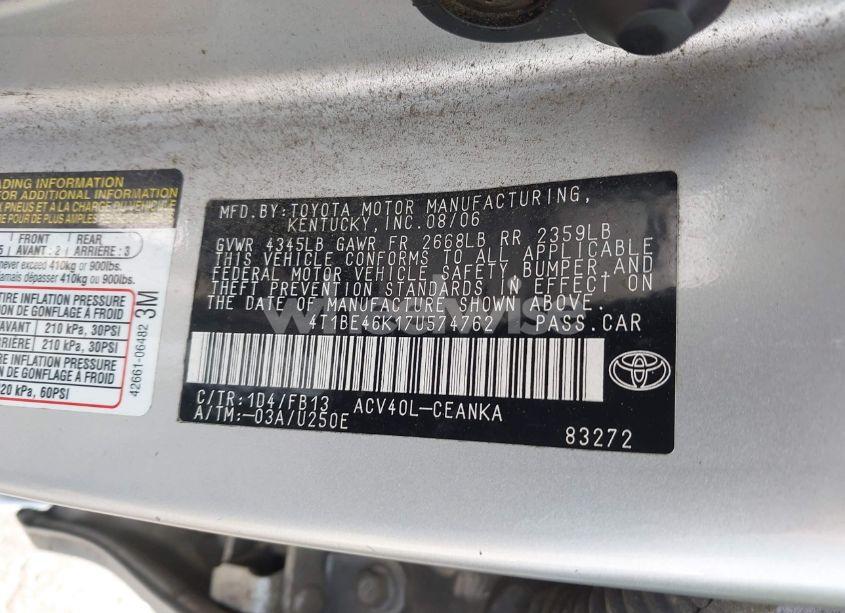 Photo 9 of 2007 Toyota Camry LE (VIN 4T1BE46K17U574762)