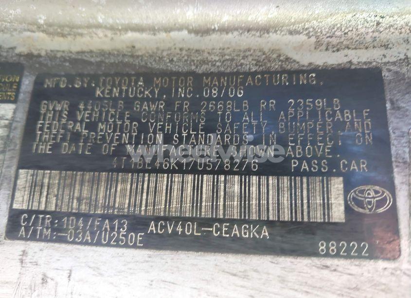 Photo 9 of 2007 Toyota Camry XLE (VIN 4T1BE46K17U578276)