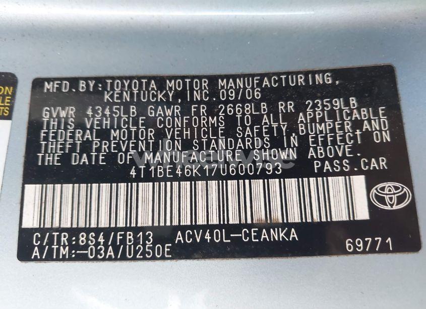 Photo 9 of 2007 Toyota Camry LE (VIN 4T1BE46K17U600793)