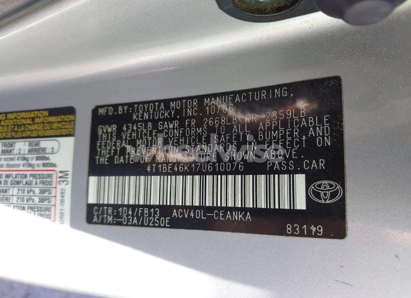 Photo 9 of 2007 Toyota Camry LE (VIN 4T1BE46K17U610076)