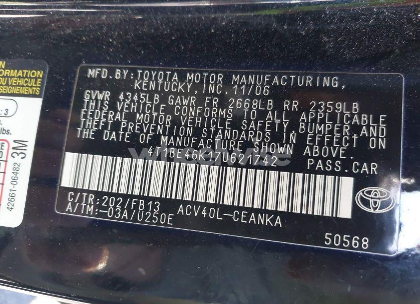 Photo 9 of 2007 Toyota Camry LE (VIN 4T1BE46K17U621742)