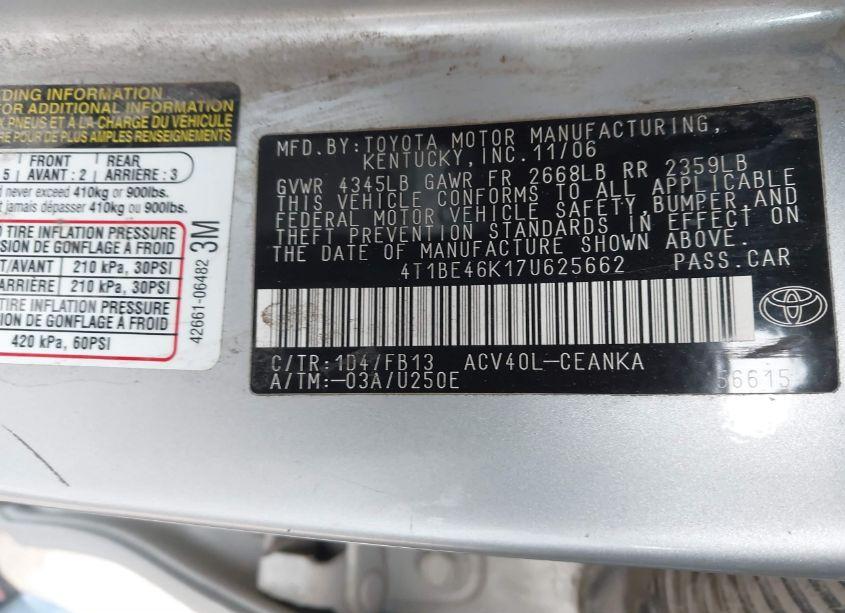 Photo 9 of 2007 Toyota Camry LE (VIN 4T1BE46K17U625662)