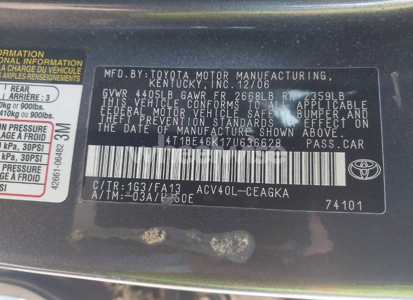 Photo 9 of 2007 Toyota Camry XLE (VIN 4T1BE46K17U636628)