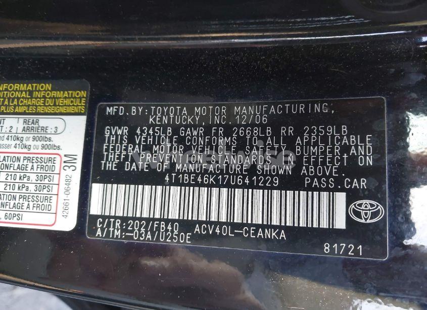 Photo 9 of 2007 Toyota Camry LE (VIN 4T1BE46K17U641229)