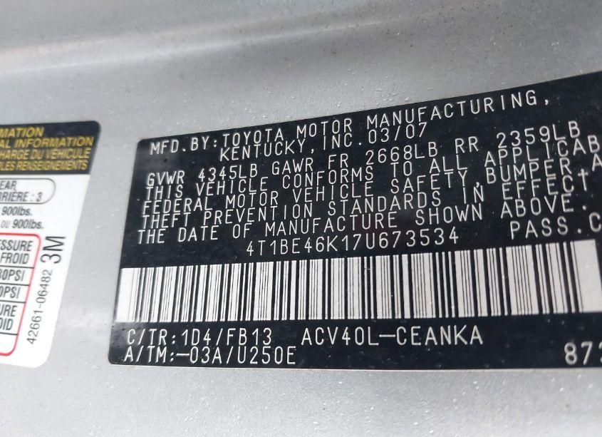 Photo 9 of 2007 Toyota Camry LE (VIN 4T1BE46K17U673534)