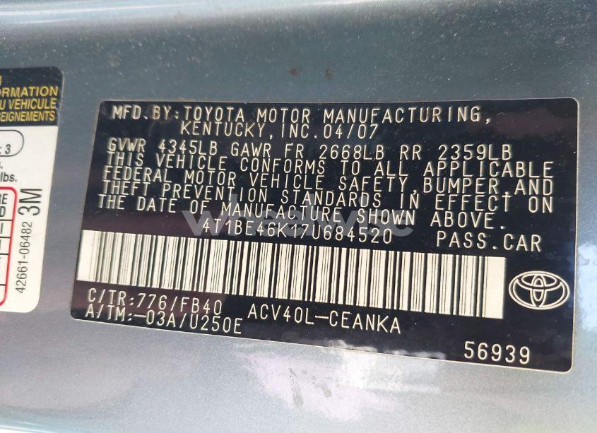 Photo 9 of 2007 Toyota Camry LE (VIN 4T1BE46K17U684520)