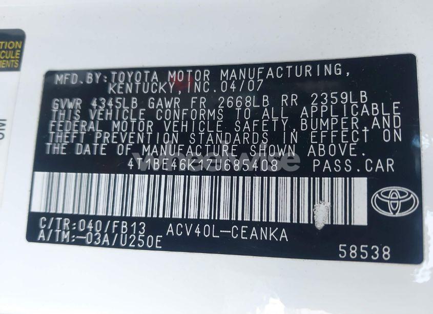 Photo 9 of 2007 Toyota Camry LE (VIN 4T1BE46K17U685408)