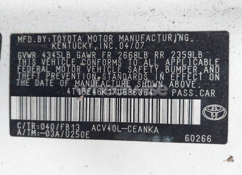 Photo 9 of 2007 Toyota Camry LE (VIN 4T1BE46K17U686364)