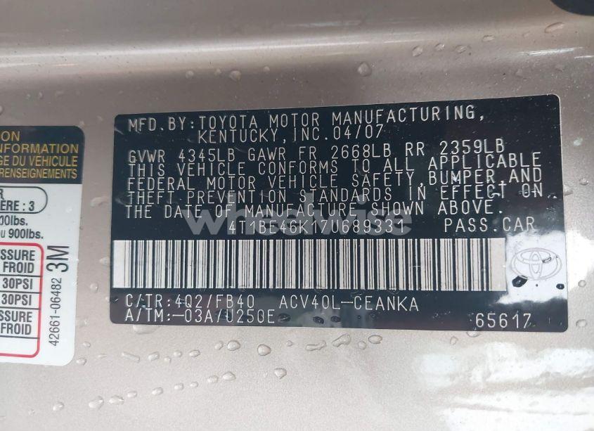 Photo 9 of 2007 Toyota Camry LE (VIN 4T1BE46K17U689331)