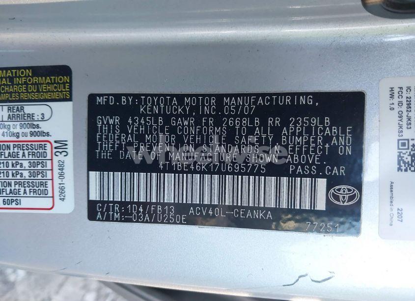 Photo 9 of 2007 Toyota Camry CE (VIN 4T1BE46K17U695775)