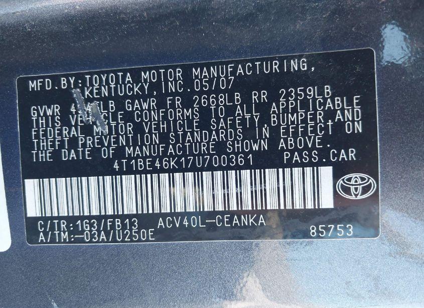 Photo 9 of 2007 Toyota Camry LE (VIN 4T1BE46K17U700361)