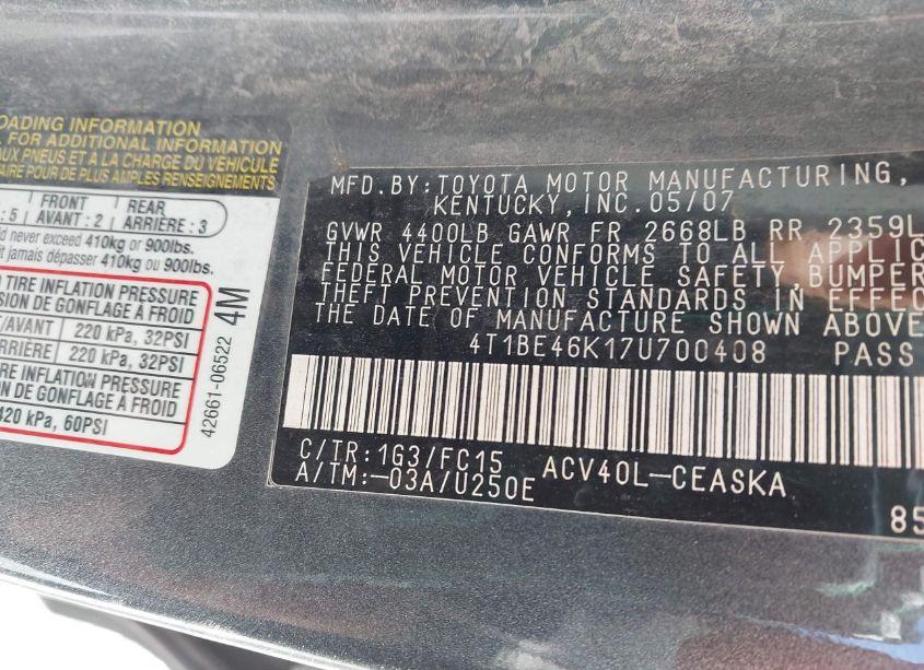 Photo 9 of 2007 Toyota Camry SE (VIN 4T1BE46K17U700408)