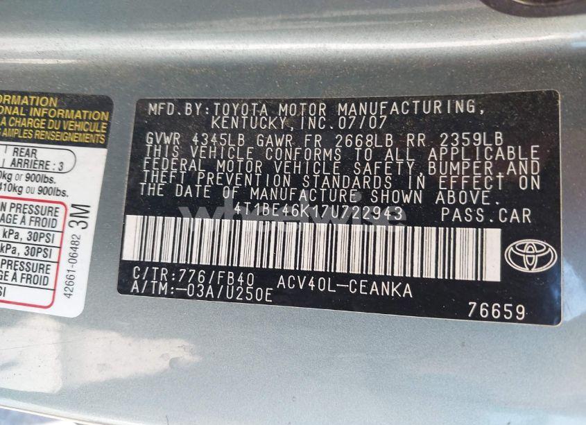 Photo 9 of 2007 Toyota Camry LE (VIN 4T1BE46K17U722943)