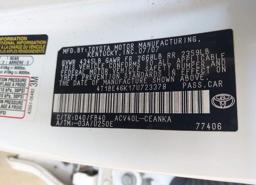 Photo 9 of 2007 Toyota Camry CE (VIN 4T1BE46K17U723378)