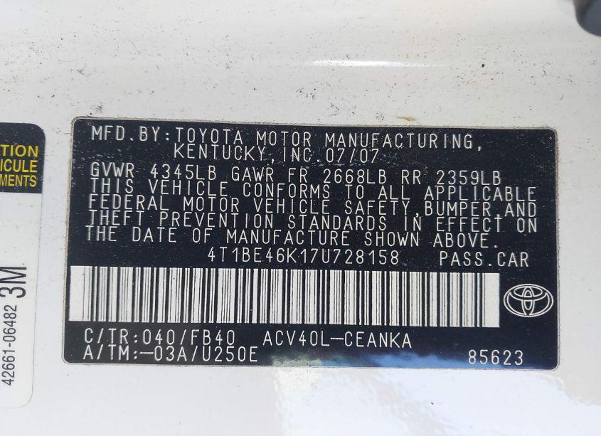 Photo 9 of 2007 Toyota Camry LE (VIN 4T1BE46K17U728158)