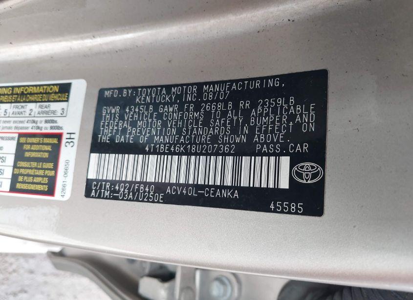Photo 9 of 2008 Toyota Camry LE (VIN 4T1BE46K18U207362)