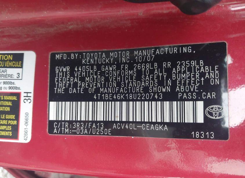 Photo 9 of 2008 Toyota Camry XLE (VIN 4T1BE46K18U220743)