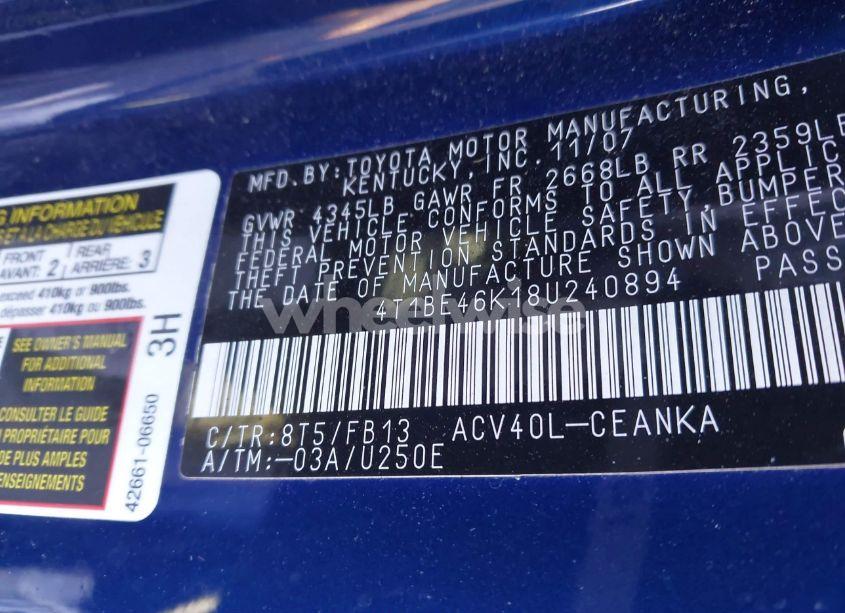 Photo 9 of 2008 Toyota Camry LE (VIN 4T1BE46K18U240894)