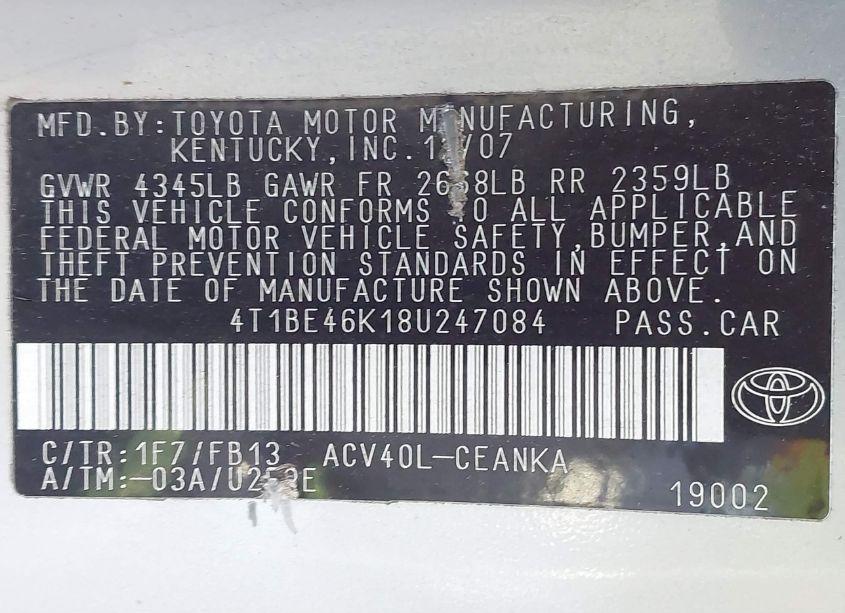 Photo 9 of 2008 Toyota Camry LE (VIN 4T1BE46K18U247084)