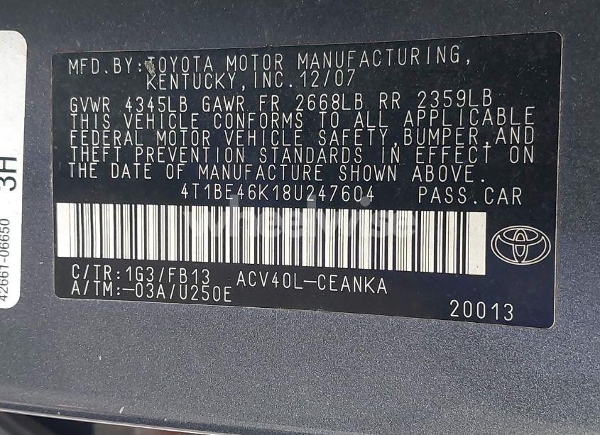 Photo 9 of 2008 Toyota Camry LE (VIN 4T1BE46K18U247604)