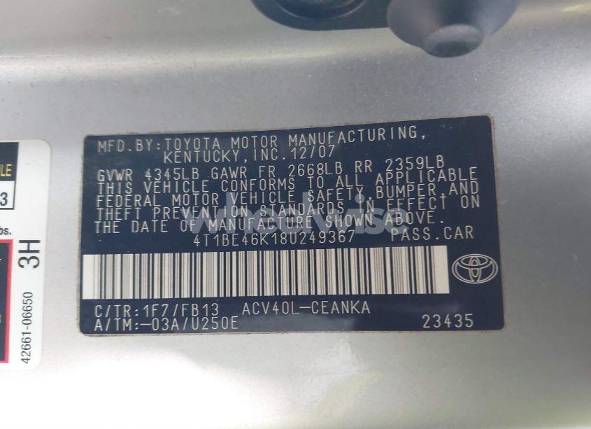 Photo 9 of 2008 Toyota Camry LE (VIN 4T1BE46K18U249367)