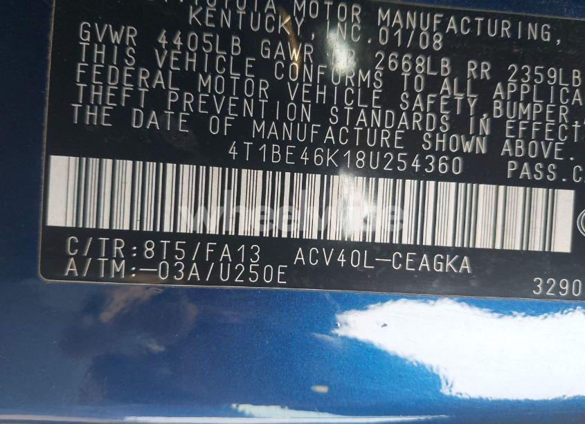 Photo 9 of 2008 Toyota Camry XLE (VIN 4T1BE46K18U254360)