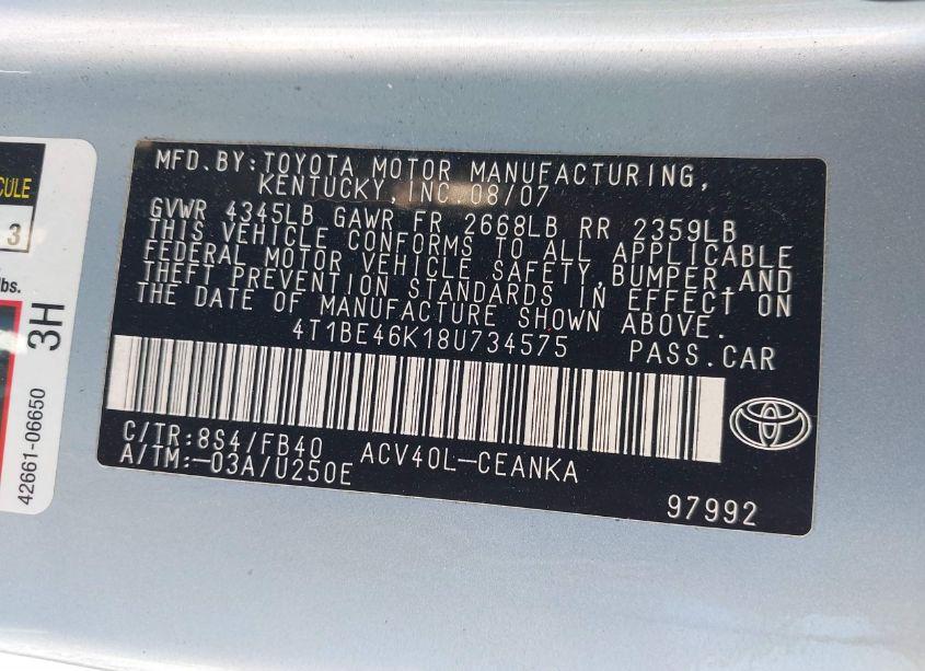 Photo 9 of 2008 Toyota Camry LE (VIN 4T1BE46K18U734575)