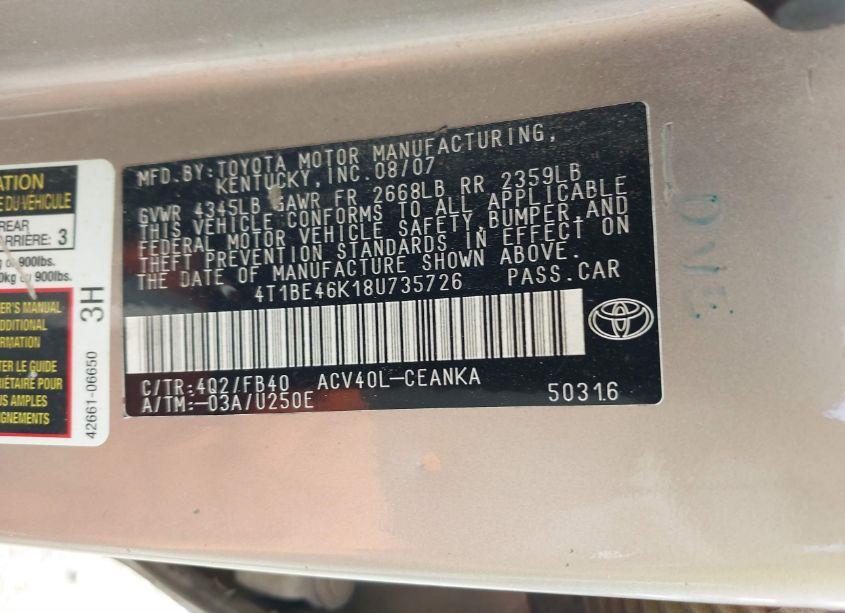 Photo 9 of 2008 Toyota Camry LE (VIN 4T1BE46K18U735726)