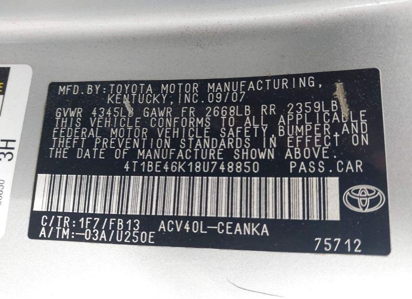 Photo 9 of 2008 Toyota Camry LE (VIN 4T1BE46K18U748850)