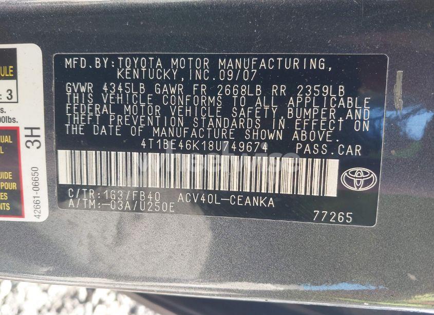 Photo 9 of 2008 Toyota Camry LE (VIN 4T1BE46K18U749674)