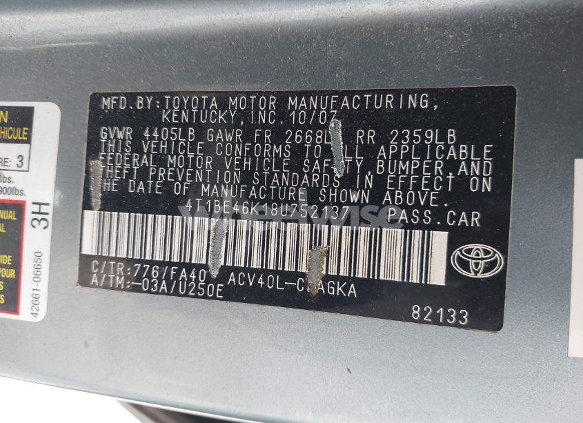 Photo 9 of 2008 Toyota Camry XLE (VIN 4T1BE46K18U752137)