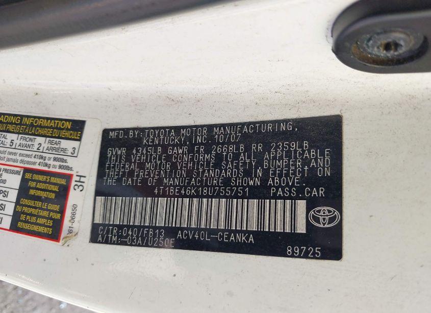 Photo 9 of 2008 Toyota Camry LE (VIN 4T1BE46K18U755751)