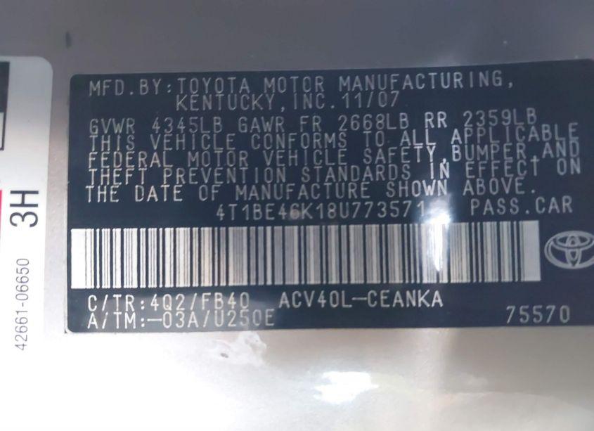 Photo 9 of 2008 Toyota Camry LE (VIN 4T1BE46K18U773571)