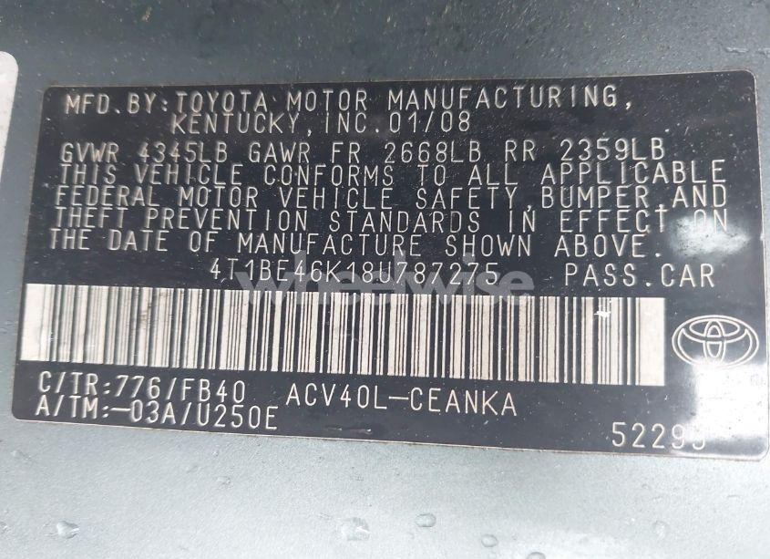 Photo 9 of 2008 Toyota Camry LE (VIN 4T1BE46K18U787275)