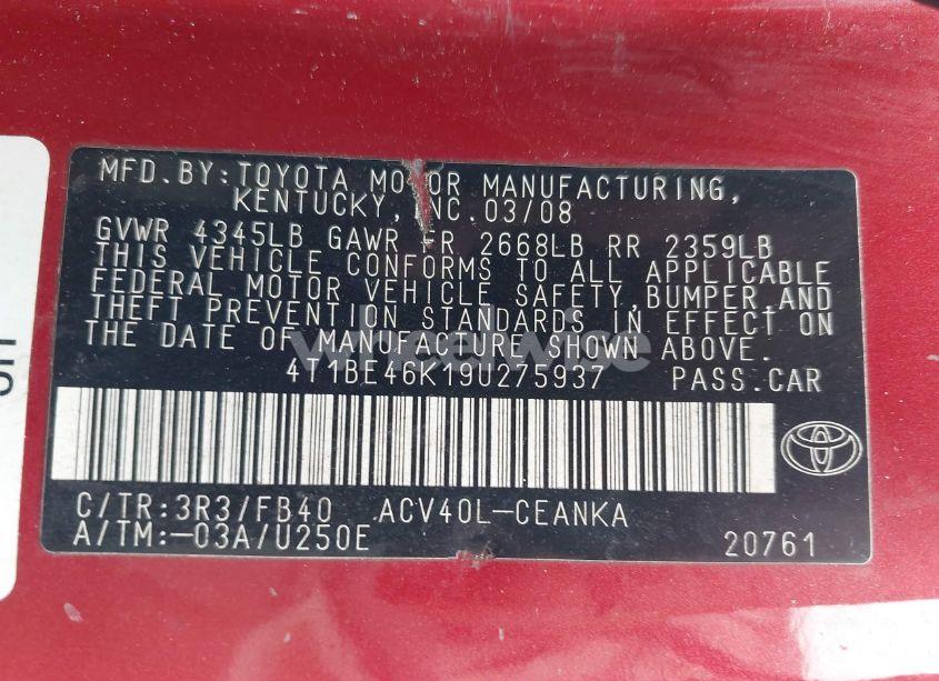 Photo 9 of 2009 Toyota Camry LE (VIN 4T1BE46K19U275937)