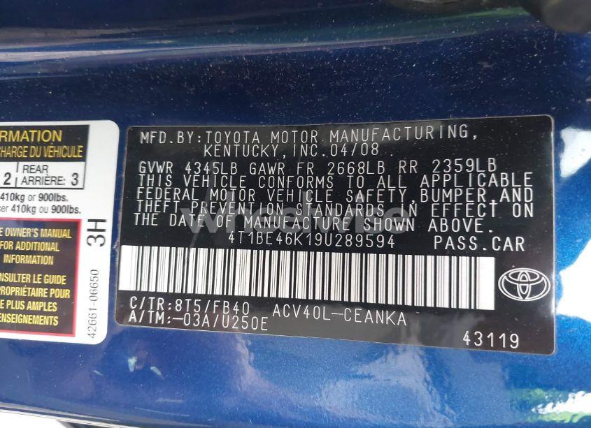 Photo 9 of 2009 Toyota Camry LE/SE/XLE (VIN 4T1BE46K19U289594)