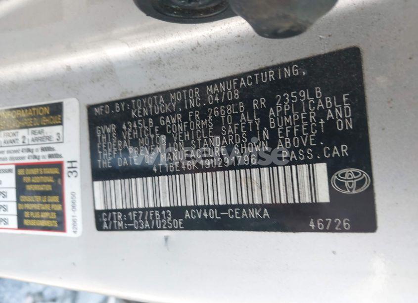 Photo 9 of 2009 Toyota Camry LE (VIN 4T1BE46K19U291796)