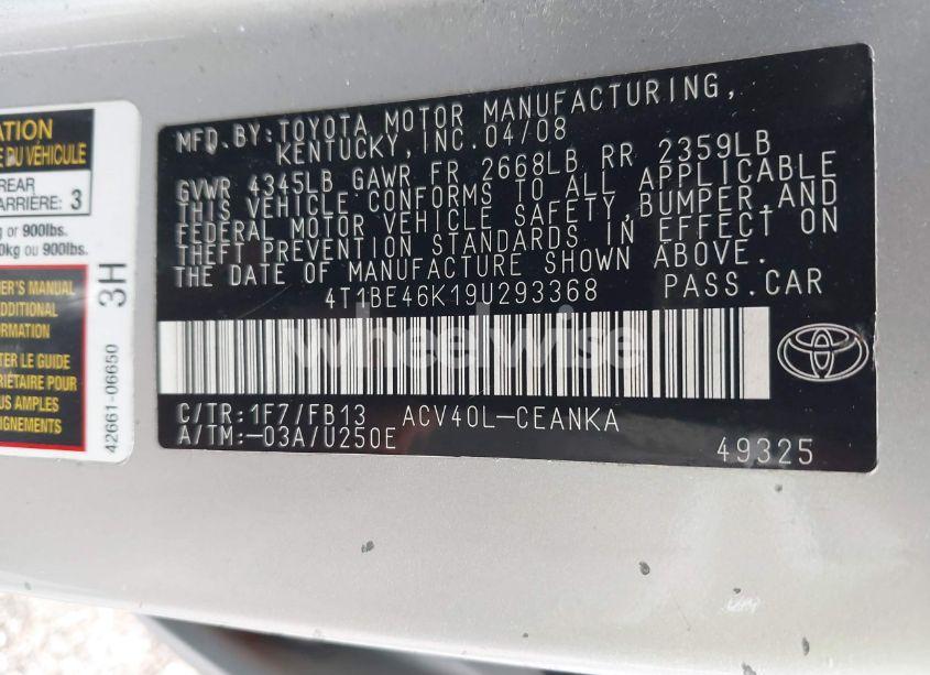 Photo 9 of 2009 Toyota Camry LE (VIN 4T1BE46K19U293368)