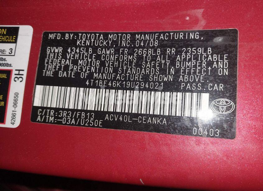 Photo 9 of 2009 Toyota Camry LE (VIN 4T1BE46K19U294021)