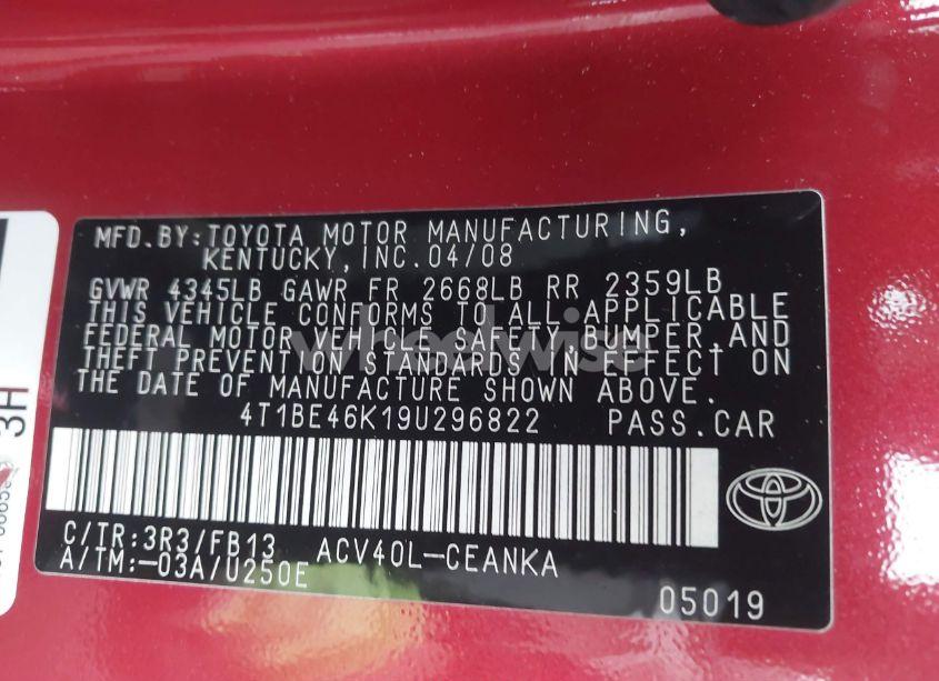 Photo 9 of 2009 Toyota Camry LE (VIN 4T1BE46K19U296822)