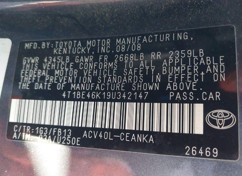 Photo 9 of 2009 Toyota Camry LE (VIN 4T1BE46K19U342147)