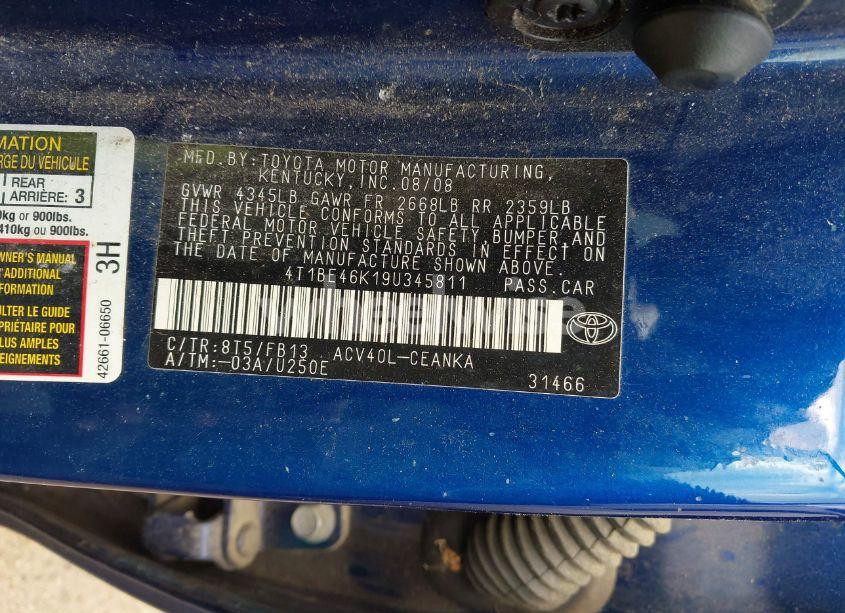 Photo 9 of 2009 Toyota Camry LE (VIN 4T1BE46K19U345811)