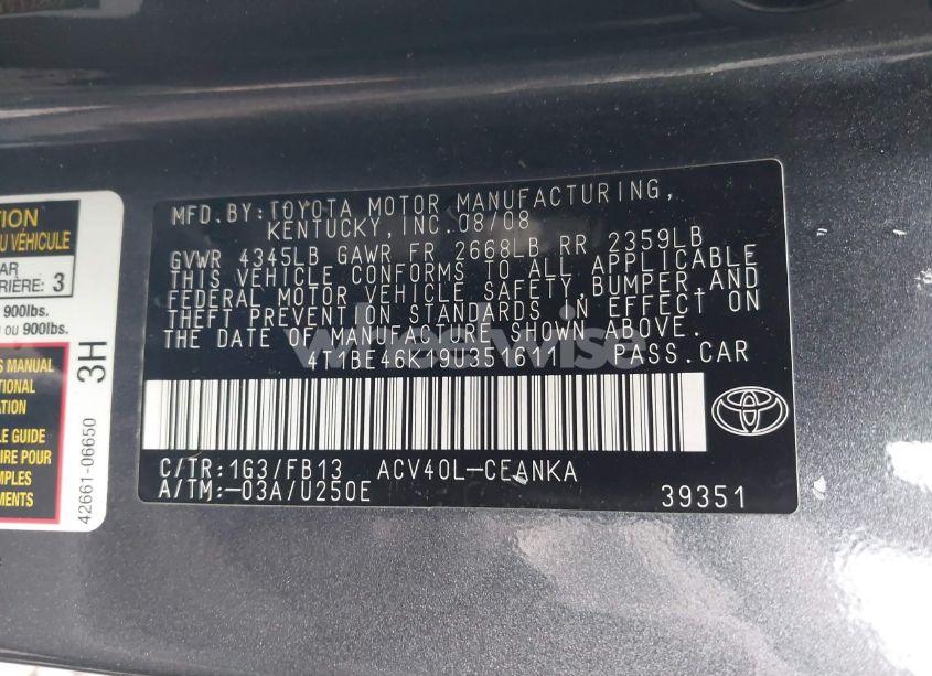 Photo 9 of 2009 Toyota Camry LE (VIN 4T1BE46K19U351611)
