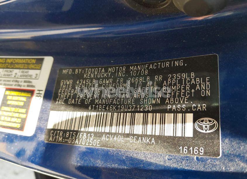 Photo 9 of 2009 Toyota Camry LE (VIN 4T1BE46K19U371230)