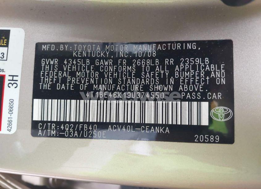 Photo 9 of 2009 Toyota Camry LE (VIN 4T1BE46K19U374550)